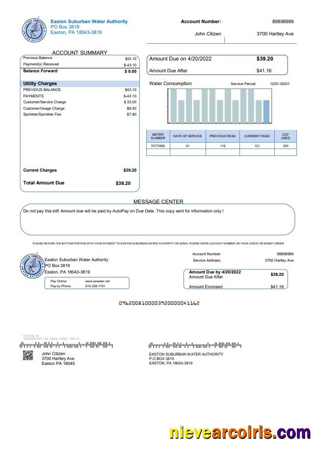 USA Eastern Suburban Water Authority utility bill